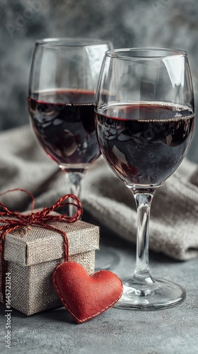 Romantic Evening With Red Wine and Gift Box on a Cozy Table Setting