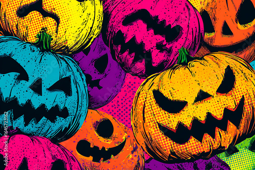 Colorful Halloween pumpkins with various expressions set against a vibrant background