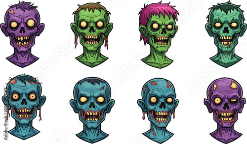 Cartoon zombie heads collection, scary undead characters with creepy faces, colorful horror monsters, Halloween illustration, spooky undead artwork, scary cartoon monster design