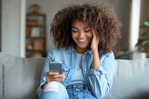 Young Woman Smiles While Using Her Phone on a Cozy Sofa in a Modern Living Room