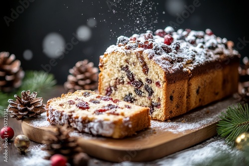 Delicious Festive Cake Decorated With Powdered Sugar and Dried Fruit During W...