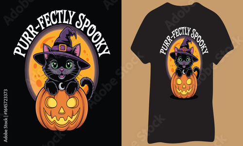 Halloween pumpkin with bats and a black cat in spooky night cartoon vector illustration for T shirt design