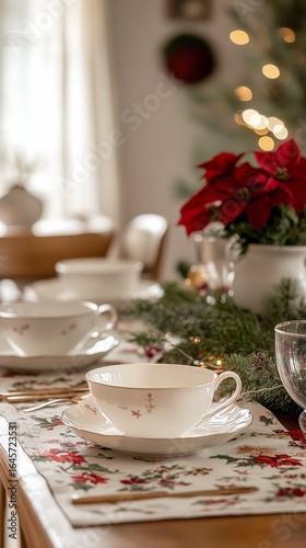Cozy Holiday Dining Setup With Festive Decorations and Delicate Tableware