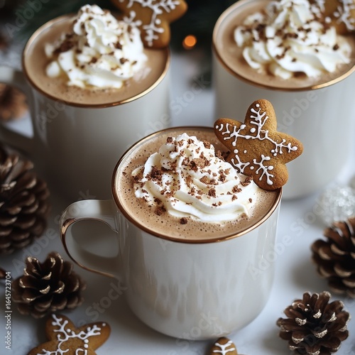 Hot Chocolate Topped With Whipped Cream and Gingerbread Cookies Arranged on a...
