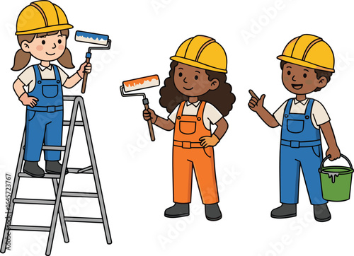 Cartoon kids painting wall, construction outfit, teamwork concept, child builders with rollers, ladder and paint bucket, home renovation illustration