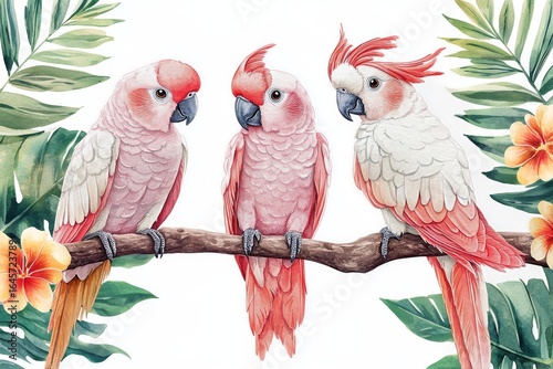 Vibrant Parrots Perched on a Branch Amidst Tropical Flowers in a Serene Setting.
