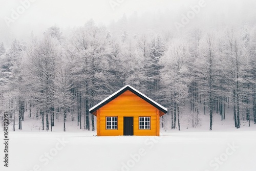 Snowy Landscape Showcasing an Orange Cabin Surrounded by Frosted Trees in a W...