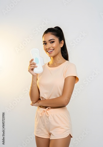 Beautiful woman girl holding a sanitary pad smiling marketing background