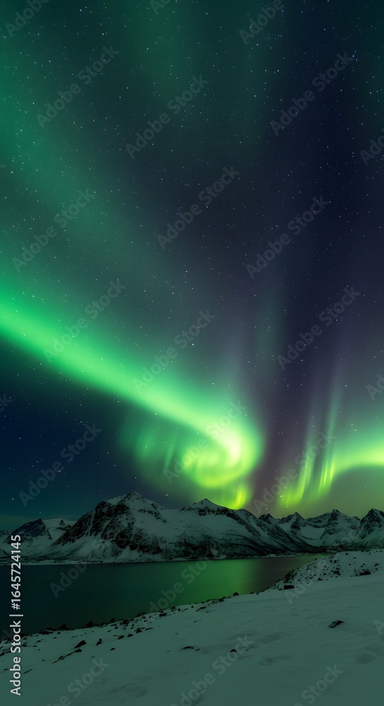 Naklejka premium Vibrant green and purple aurora borealis dances across the night sky above snow-covered mountains and a calm body of water.
