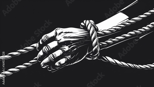 A hand gripping ropes tightly, a powerful symbol of struggle, strength, and determination