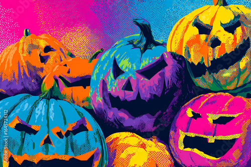 Colorful Halloween pumpkins with various expressions stacked against a vibrant background