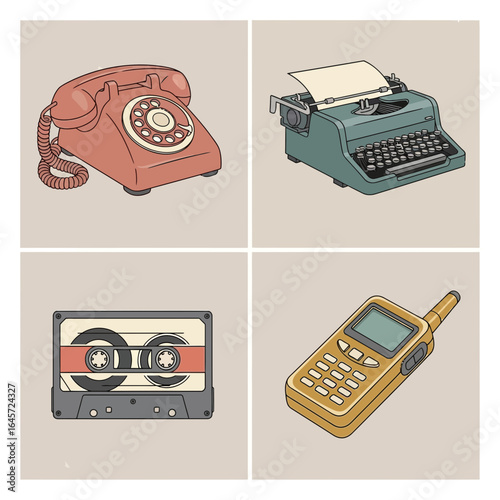 Retro Gadgets Vintage Telephone, Typewriter, Cassette Tape, and Walkie-Talkie Collection