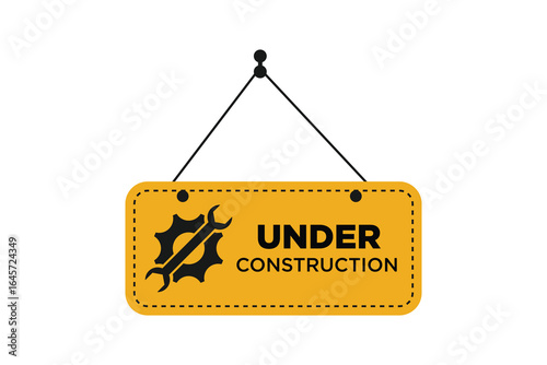 yellow under construction sign with wrench and gear isolated on white background
