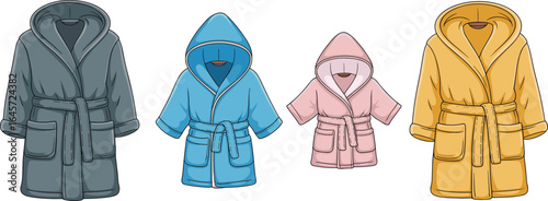 Collection of colorful bathrobes for adults and kids, cozy hooded dressing gowns, sleepwear fashion illustration, home loungewear, vector design art