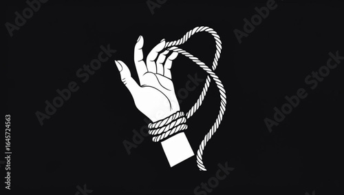 A hand bound by a rope forming a heart, symbolizing love and pain