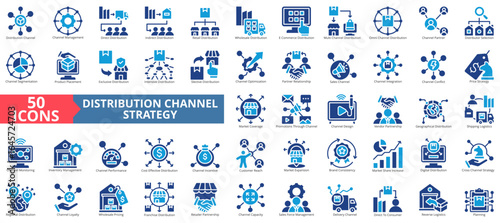 Distribution channel strategy icon set flat style collection. Containing management, direct, indirect, retail, wholesale, e-commerce, omni channel, segmentation