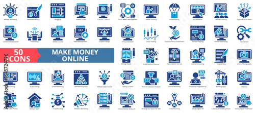 Make money online icon set flat style collection. Containing marketing, affiliate, freelance writing, blogging, survey, content creation, social media management