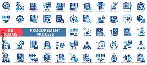Procurement process icon set flat style collection. Containing management, sourcing, supplier, selection, purchase, requisition, inventory, contract, order fulfillment
