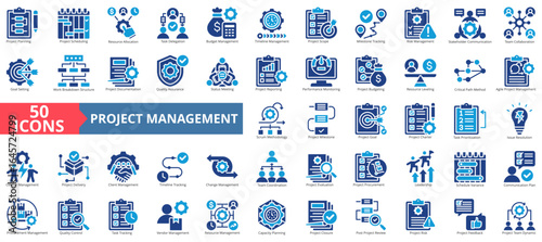 Project management icon set flat style collection. Containing planning, scheduling, management, resource allocation, delegation, budget, timeline, scope, tracking, risk