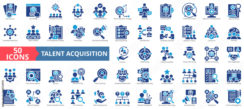 Fototapeta premium Talent acquisition icon set flat style collection. Containing recruitment, job posting, candidate, sourcing, pool, employee, referral, resume, review, screening process