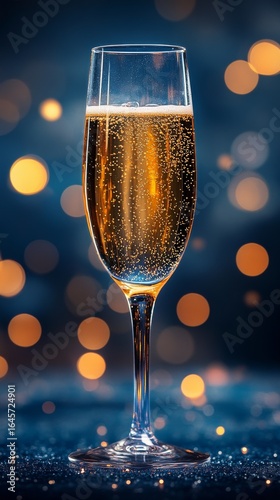 Sparkling Champagne Glass With Festive Bokeh Background at Evening Celebratio...