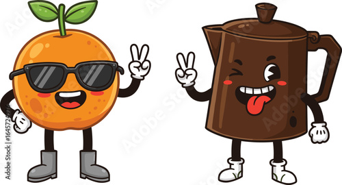 Cute cartoon orange and coffee pot characters, funny fruit and drink illustration, happy mascot vector design, adorable food and beverage art