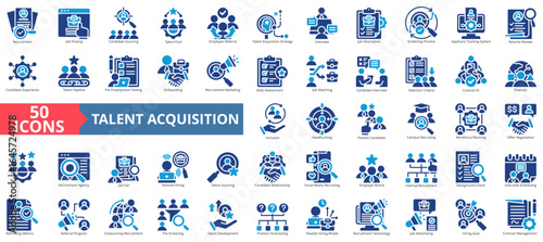 Talent acquisition icon set flat style collection. Containing recruitment, job posting, candidate, sourcing, pool, employee, referral, resume, review, screening process