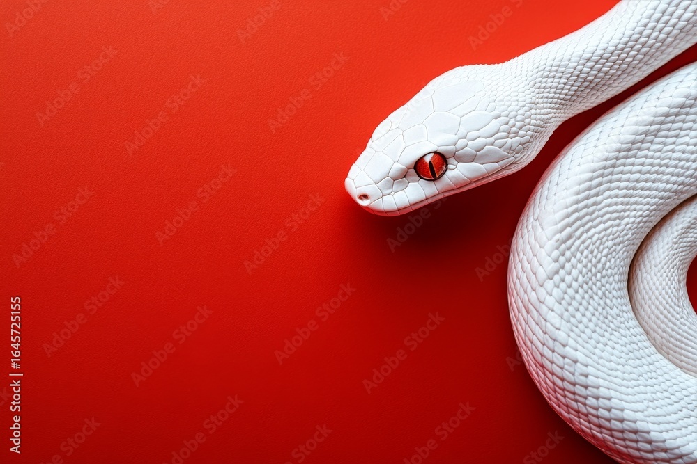 Fototapeta premium White Snake Resting on a Vivid Red Surface With Striking Features and Smooth Scales.