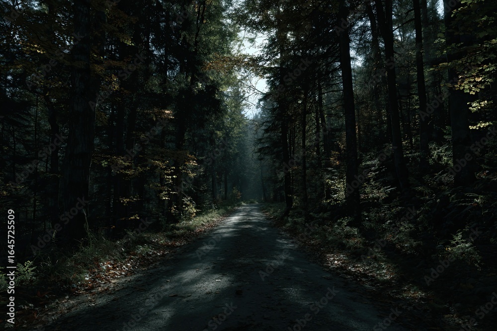 Naklejka premium A sunlit path through a dense autumnal forest