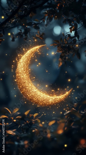 Golden Crescent Moon With Sparkling Stars in a Night Sky Backdrop.