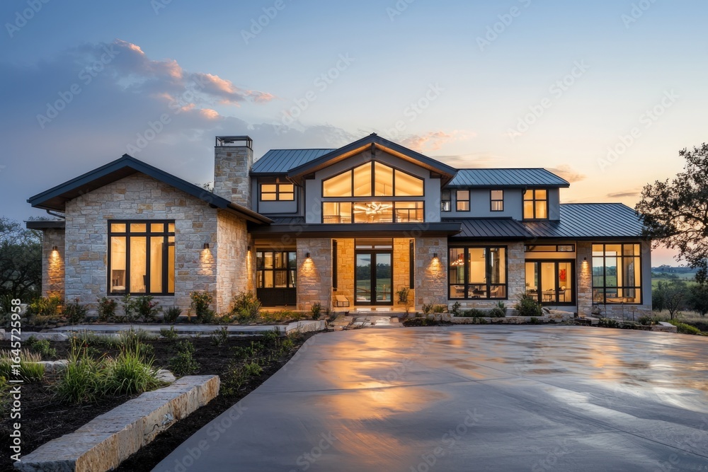 A modern house with stone facade and large windows at dusk with a driveway A modern house with stone facade and large windows at dusk with a driveway