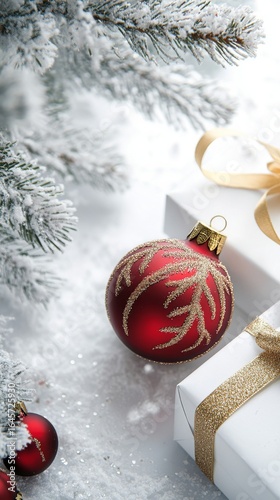 Festive Decorations With Red Ornament on Gift Near Frosted Christmas Tree in ...