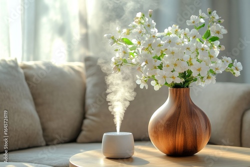 Elegant Home Decor Featuring Blossoms and a Diffuser in a Sunlit Living Room.