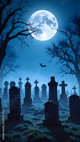 Spooky cemetery night moon