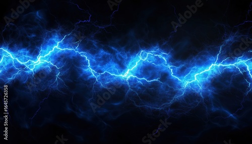 Abstract Blue Lightning On Black: A Powerful Charge Of Energy With Thunderous Shocks And Lightning Blitz, Sparking A Storm Of Flash And Thunder.