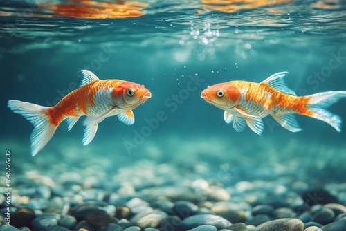 Colorful Koi Fish Swimming Among Pebbles in Clear Water During a Sunny Day.