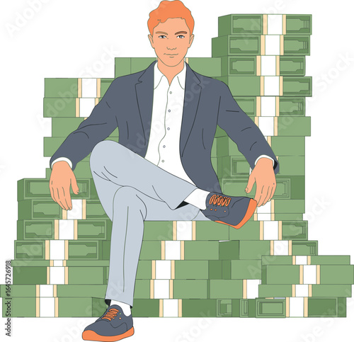 Confident businessman sitting on throne made of money, wealth success concept, millionaire lifestyle, financial power, investment achievement, luxury business image