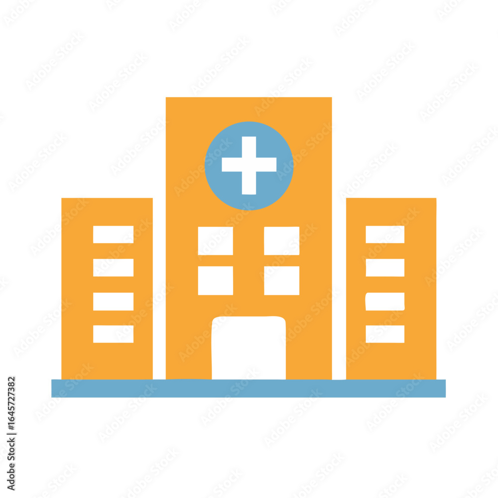 Obraz premium Hospital Building Illustration: A clean, minimalistic vector illustration of a modern hospital building with a cross symbol, symbolizing healthcare, medical care, and the institution of health.