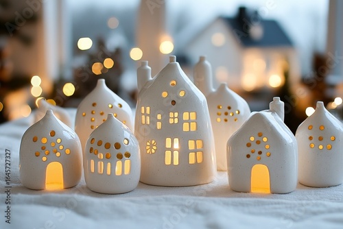 Charming Handmade Ceramic Houses Illuminate a Cozy Winter Setting With Soft W...