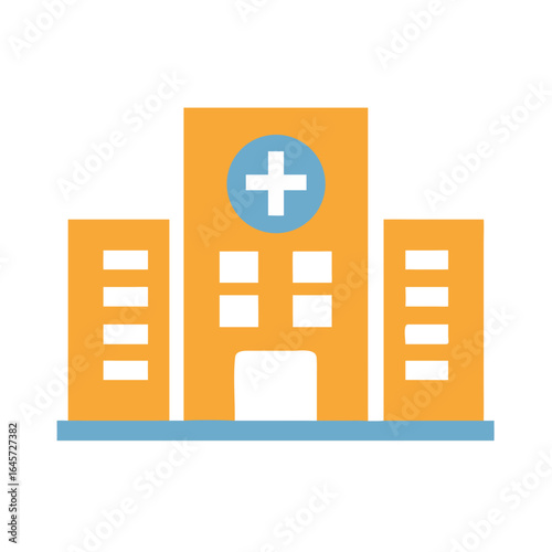 Hospital Building Illustration: A clean, minimalistic vector illustration of a modern hospital building with a cross symbol, symbolizing healthcare, medical care, and the institution of health.