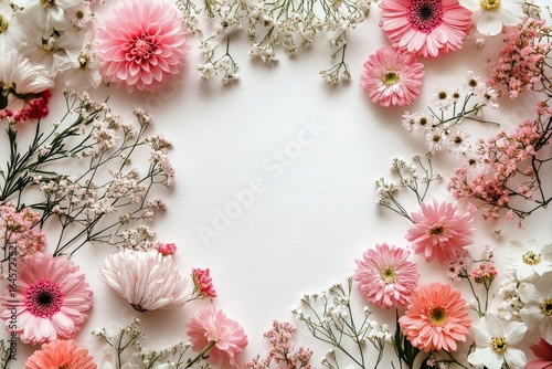 Colorful Arrangement of Pink Flowers and Delicate Greenery on a Soft Surface