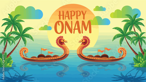 Vibrant Onam festival illustration with two snake boats, palm trees, sun, clouds, and Happy Onam text on colorful water and sky background