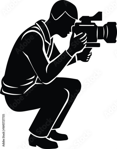 Silhouette of a cameraman filming with a professional video camera isolated on transparent background silhouette