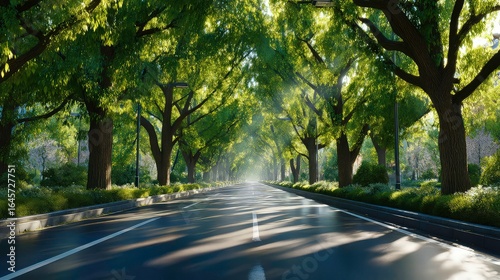 Tree canopy avenue urban road sunbeams lush green foliage, natural landscape, beautiful sunlight rays under tall trees
