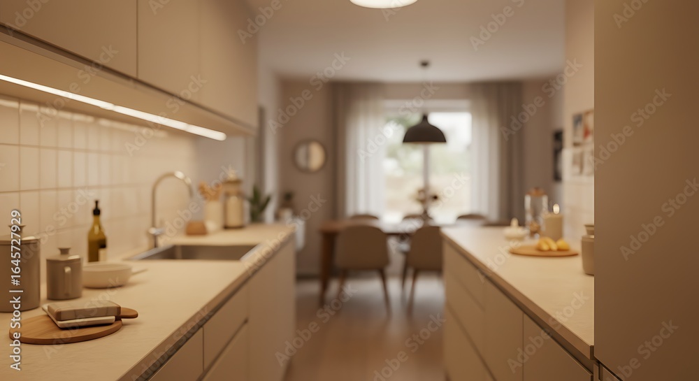 Fototapeta premium Modern Kitchen Interior with Cream Cabinets and Blurred Dining Room