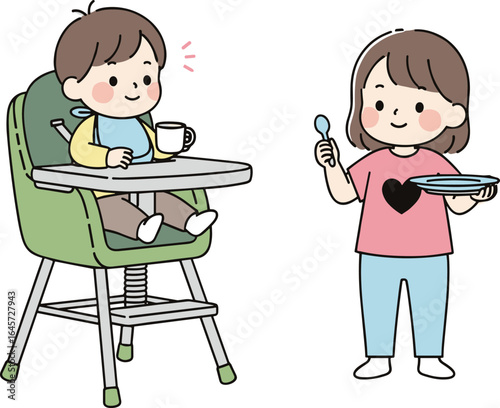 Cute cartoon baby in high chair drinking milk, girl feeding sibling with spoon, family mealtime concept, childcare illustration, parenting scene