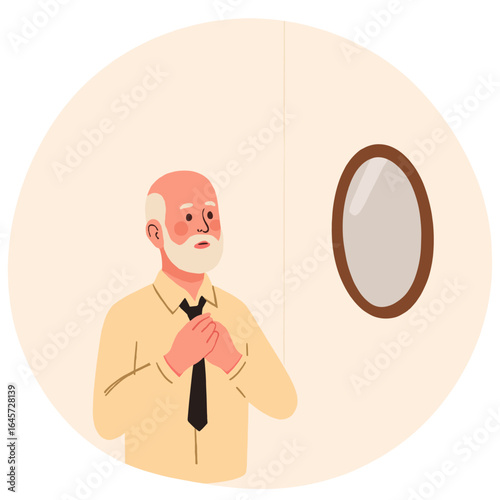 Elderly man tying necktie. Senior dressing up for occasion. Elegant old man adjusting clothes. Gentleman's daily routine in age. Elderly set