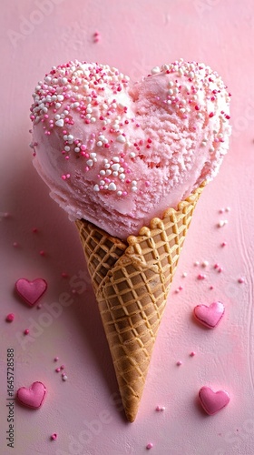 Sweet Heart-Shaped Pink Ice Cream Cone With Sprinkles on a Pastel Background