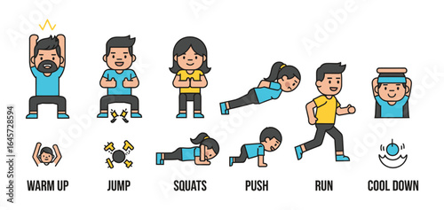 A fun cartoon vector illustration of a group of smiling children demonstrating exercise movements to maintain health.