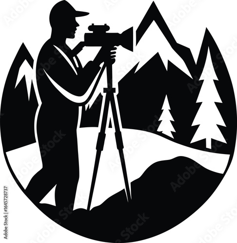 Photographer with camera on tripod in mountain landscape silhouette isolated on transparent background